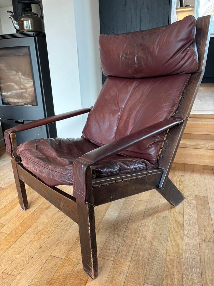 Vintage design loungestoel/fauteuil “Inca” van Peter Opsvik, Huis en Inrichting, Fauteuils, Gebruikt, Leer, 50 tot 75 cm, 75 tot 100 cm