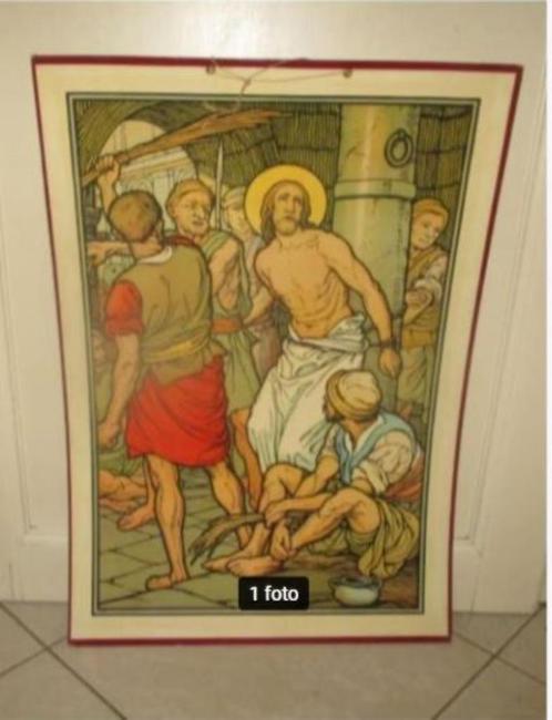 Mooie Oude Schoolplaat Christus wordt gestenigd en geslagen, Antiek en Kunst, Antiek | Religie, Ophalen of Verzenden