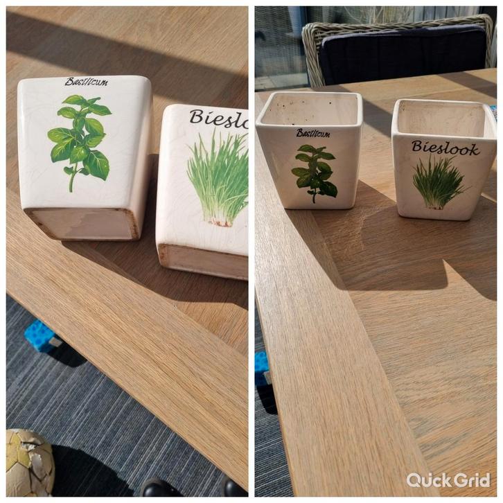 Kruidenpotjes Set - Basilicum & Bieslook, Tuin en Terras, Bloempotten, Zo goed als nieuw, Aardewerk, Binnen, Balkon, Tuin, Minder dan 40 cm