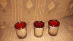 3x waxinelichthouder, theelichthouder, glas zilver met rood, Ophalen of Verzenden, Zo goed als nieuw