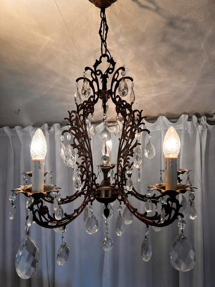 Koperen Hanglamp met Kristallen, Antiek en Kunst, Antiek | Lampen, Ophalen