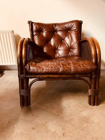 Vintage Rotan Fauteuil met Lederen Bekleding beschikbaar voor biedingen