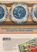 Retro reclame 1982 Unox rookworst actie Delftsblauwe borden, Verzenden, Overige typen