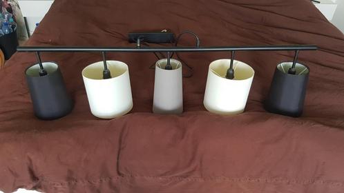 Moderne Hanglamp met 5 Lampenkappen, Huis en Inrichting, Lampen | Hanglampen, Gebruikt, Minder dan 50 cm, Metaal, Stof, Ophalen