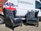 Set van 2 Chesterfield fauteuils zwart leer. Goede conditie., Ophalen, Gebruikt, Chesterfield, Leer