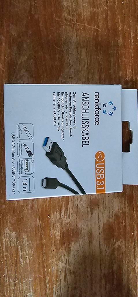 Renkforce USB 3.1 Kabel - USB A naar USB C - 1.8m, Computers en Software, Pc- en Netwerkkabels, Nieuw, Ophalen