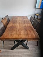Houten Eettafel met Metalen Onderstel met 6 stoelen, Ophalen of Verzenden