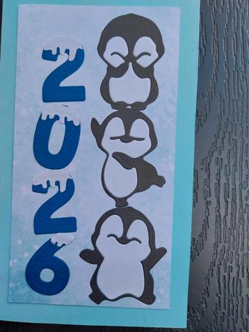 Zelfgemaakte Kerst/Nieuwjaarskaart met Pinguïns beschikbaar voor biedingen