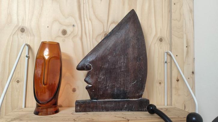 Handgesneden Houten Beeld – Gezicht Profiel, Antiek en Kunst, Kunst | Beelden en Houtsnijwerken, Ophalen of Verzenden