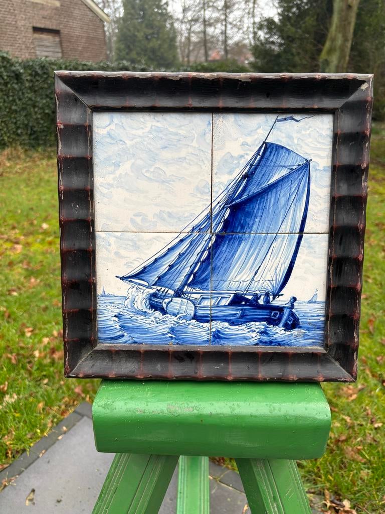 Tegeltableau Scheepstafereel in Houten Lijst, Ophalen of Verzenden
