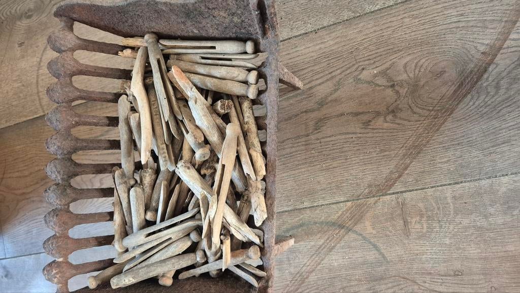 Roest bakje met oude wasknijpers. €5, Ophalen