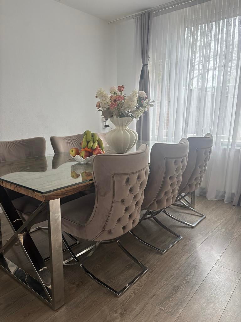 Boomstam eettafel met glazen blad, Gebruikt, Vijf personen of meer, 150 tot 200 cm, Rechthoekig