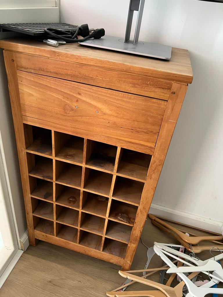 Teak houten wijnkastje, Huis en Inrichting, Woonaccessoires | Wijnrekken, Ophalen, Gebruikt, 15 tot 25 flessen, 75 cm of meer