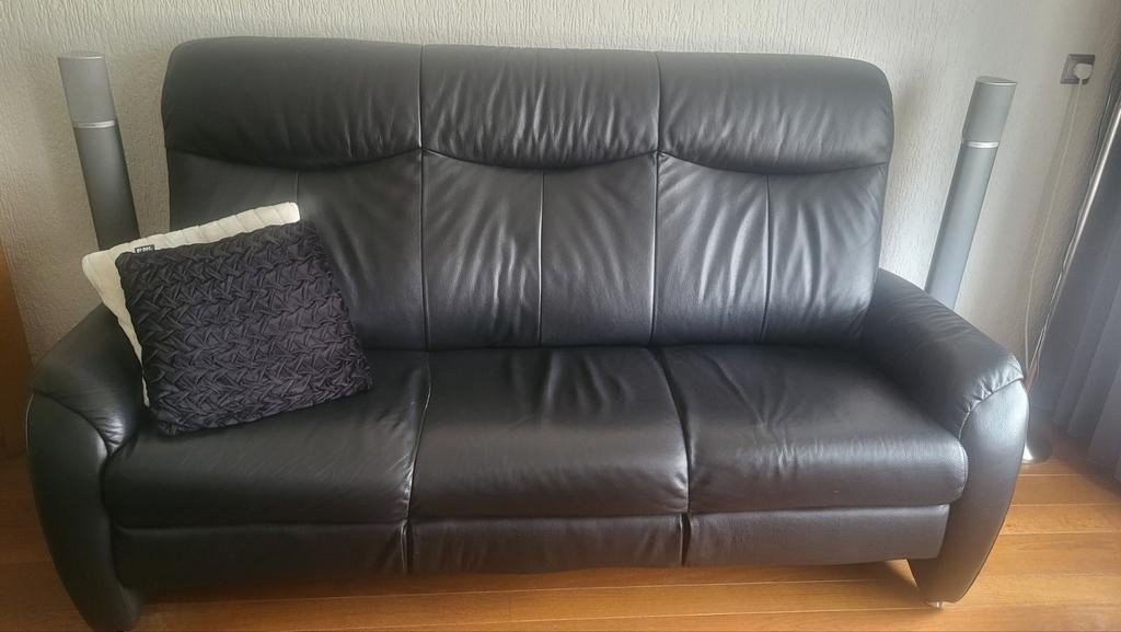 Zwart leren bankstel, salon/bijzettafels en eethoek te koop, Huis en Inrichting, Banken | Bankstellen, Ophalen, Gebruikt, Driepersoons