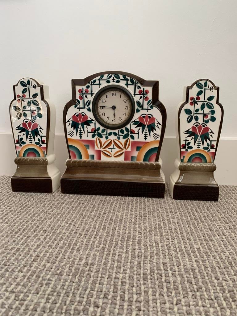 Art Deco Schouwklok met zijstukken / vazen, keramiek, Ophalen of Verzenden