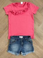 Roze T-shirt met ruches maat 128, Kinderen en Baby's, Kinderkleding | Maat 128, Verzenden, Zo goed als nieuw, Meisje, Shirt of Longsleeve