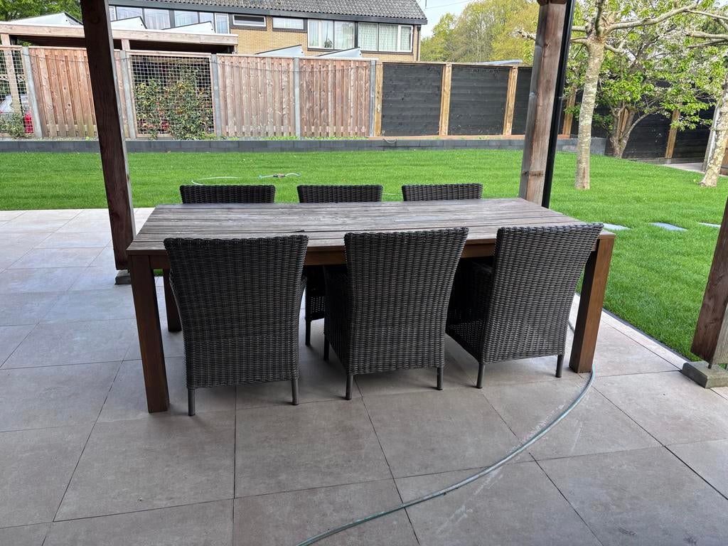 Houten tuintafel met 6 wicker stoelen, Ophalen, Gebruikt, Eettafel, 6 zitplaatsen