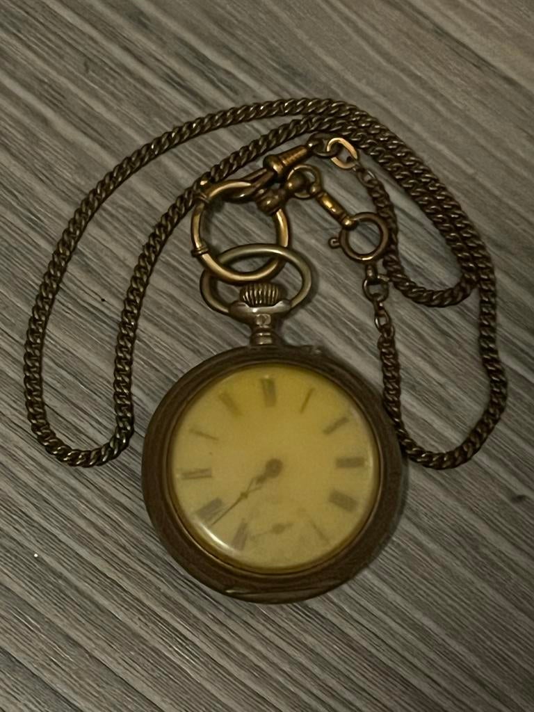 Antiek Zakhorloge "Cylindre 6 Rubis" met Ketting, Overige merken, Overige materialen, Zakhorloge, Ophalen of Verzenden