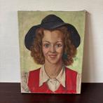 Grappig Vintage Portret Schilderij Vrouw met Grote Hoed, Minder dan 50 cm, Gebruikt, Oorspronkelijke maker, Ophalen of Verzenden