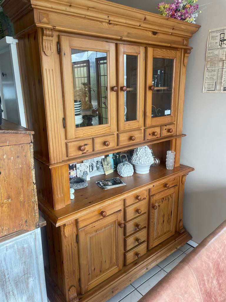 Massief grenen dressoir met vitrinekast, Ophalen, Gebruikt, 100 tot 150 cm, Met lade(s)