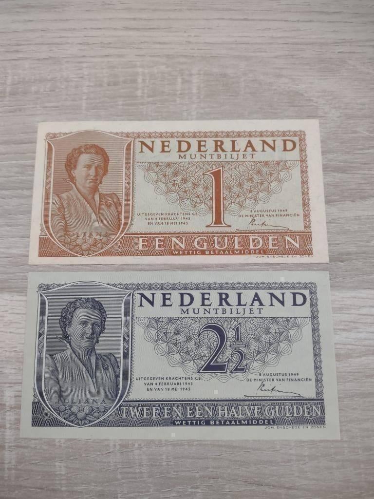 Setje UNC biljetten 1 en 2,5 gulden 1949, muntbiljet, Ophalen of Verzenden