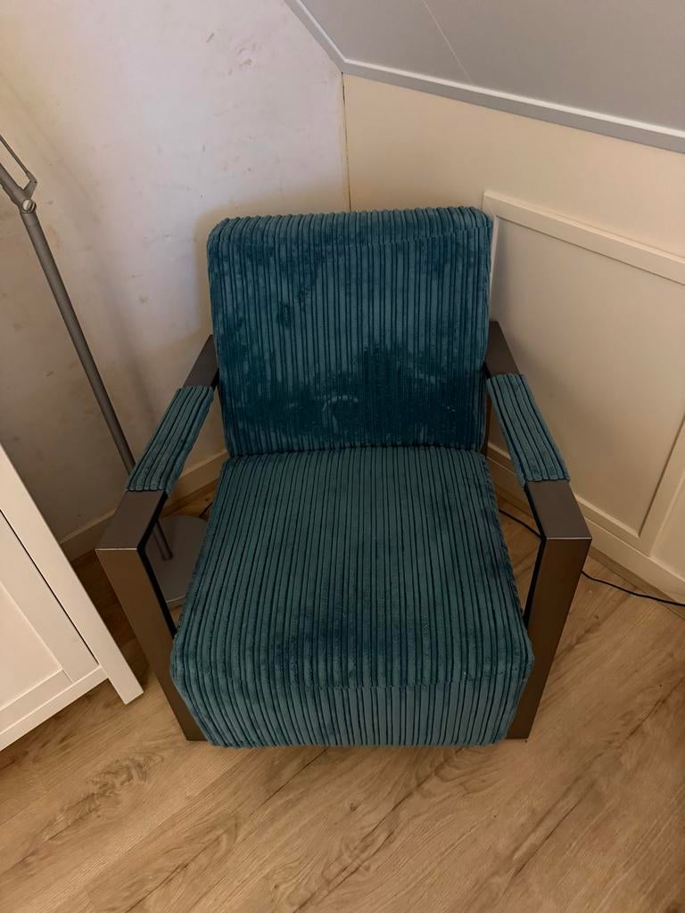 Robuuste fauteuil met corduroy bekleding aqua turquoise teab, Ophalen, Gebruikt, Modern landelijk, 75 tot 100 cm