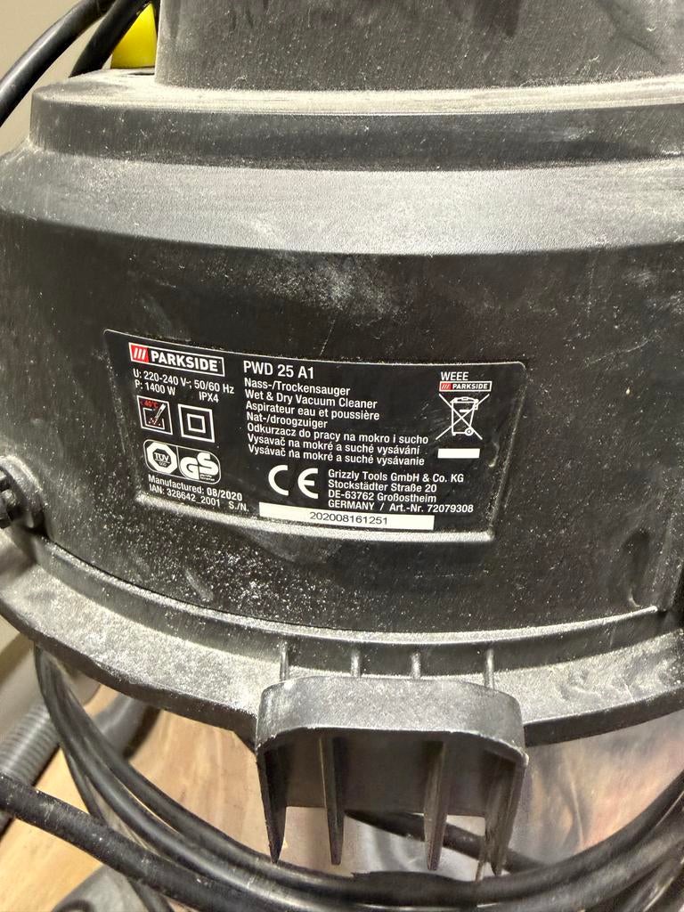 Parkside PWD 25 A1 Nat-/Droogzuiger 1400W met stofzakken, Gebruikt, Waterstofzuiger, 1200 tot 1600 watt, Ophalen