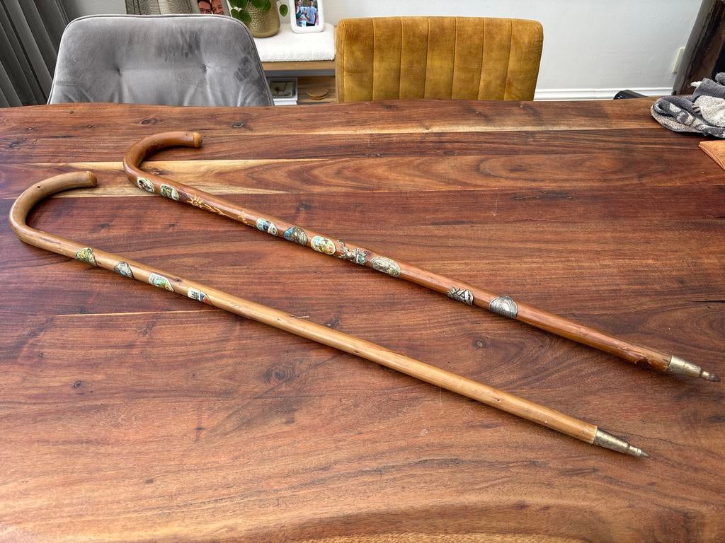 2 Vintage Wandelstokken met Emblemen, Ophalen of Verzenden, Gebruikt