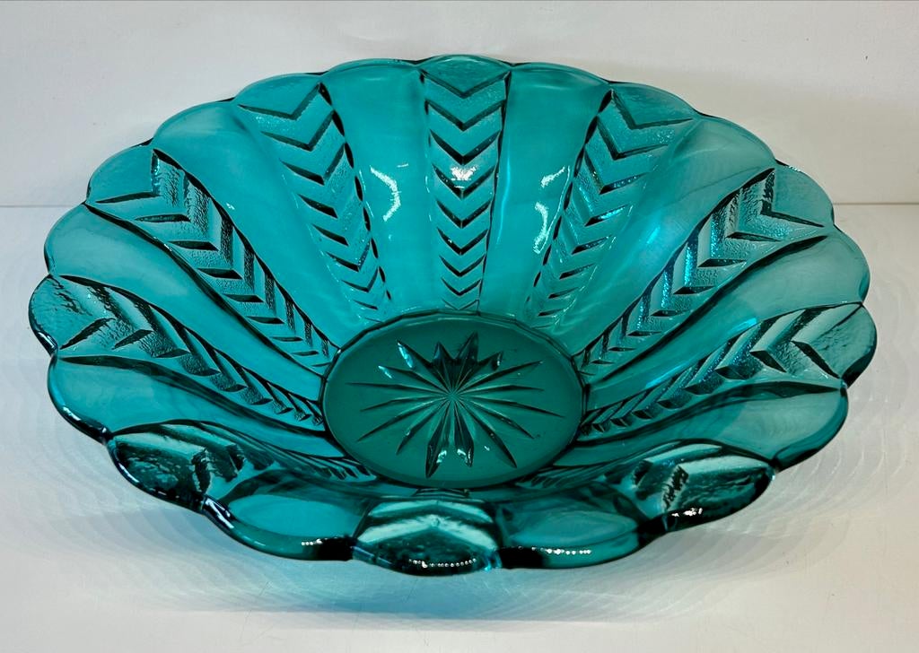 Vintage Turquoise Glazen Schaal met Reliëf, Ophalen of Verzenden