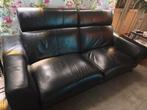 Zwarte leren bank met relaxfunctie, Gebruikt, Driepersoons, Ophalen of Verzenden, Rechte bank