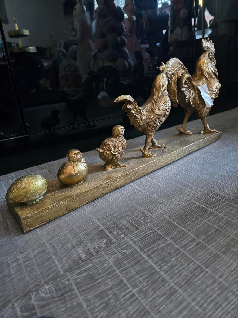 Decoratieve kip familie beeldje - Goudkleurig, Ophalen of Verzenden, Nieuw, Dier