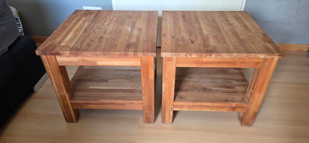 Twee massief teakhouten bijzettafels, Ophalen, Gebruikt, Vierkant, 45 tot 60 cm