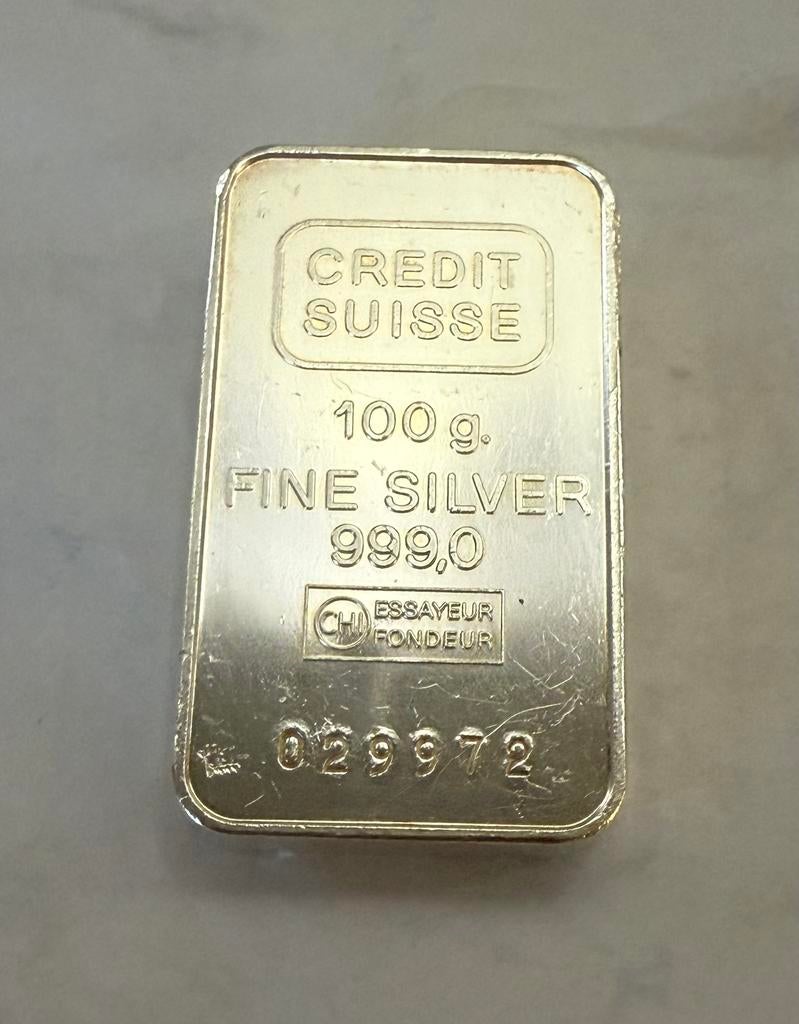 100gram zilver - Credit Suisse 999 zilver, Postzegels en Munten, Edelmetalen en Baren, Ophalen of Verzenden, Zilver