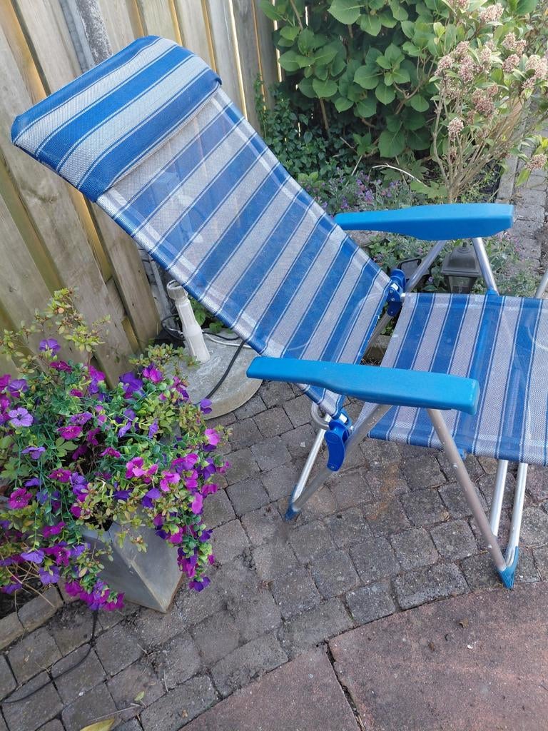 3 blauwe verstelbare tuinstoelen, Ophalen of Verzenden