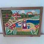 Geborduurd Hollands landschap met molen en regenboog, Ophalen of Verzenden, Minder dan 50 cm, Schilderij, Minder dan 50 cm