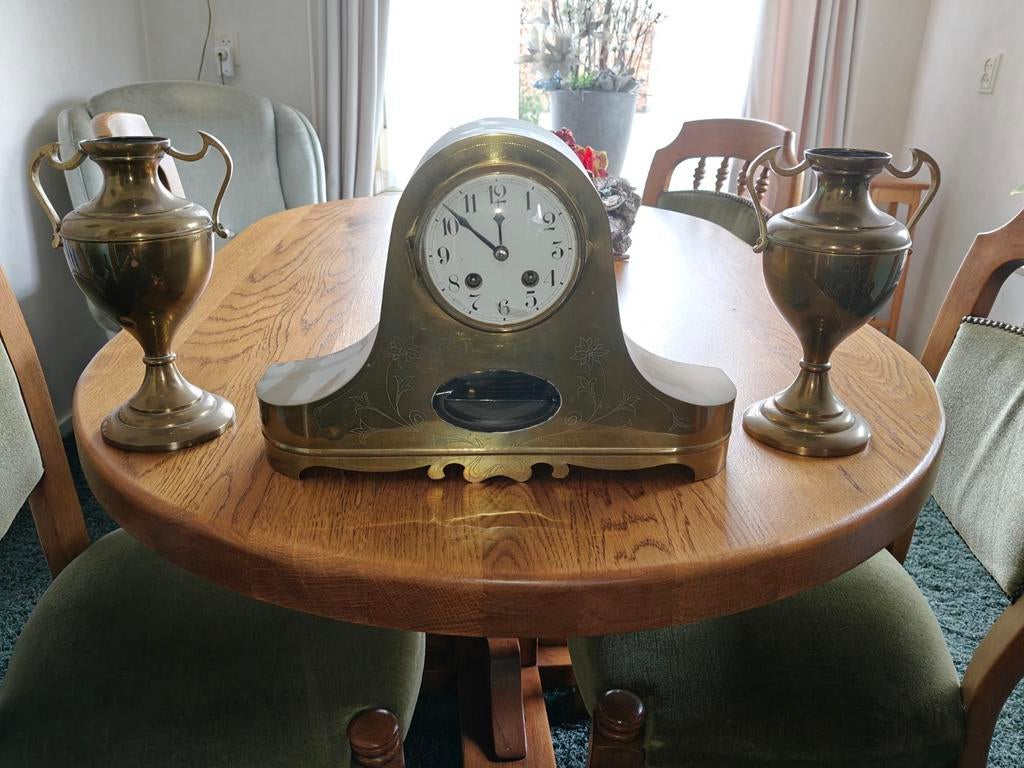 Antieke klok en vazen set - messing, Ophalen