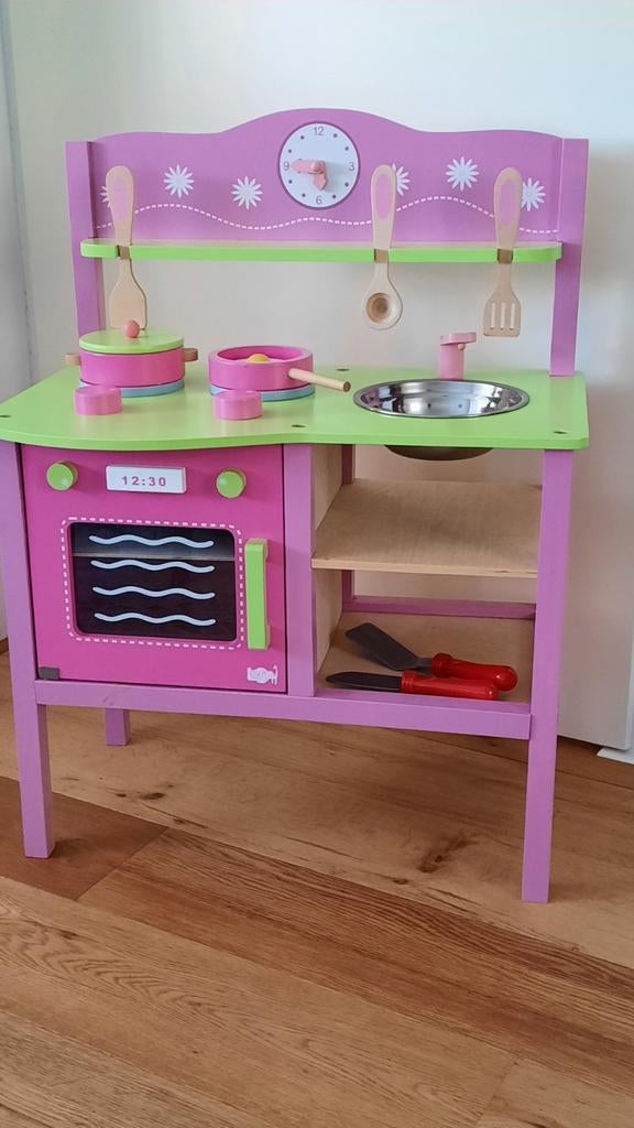Lelin Toys kinderkeukentje hout roze incl accessoires zgan, Ophalen of Verzenden, Zo goed als nieuw