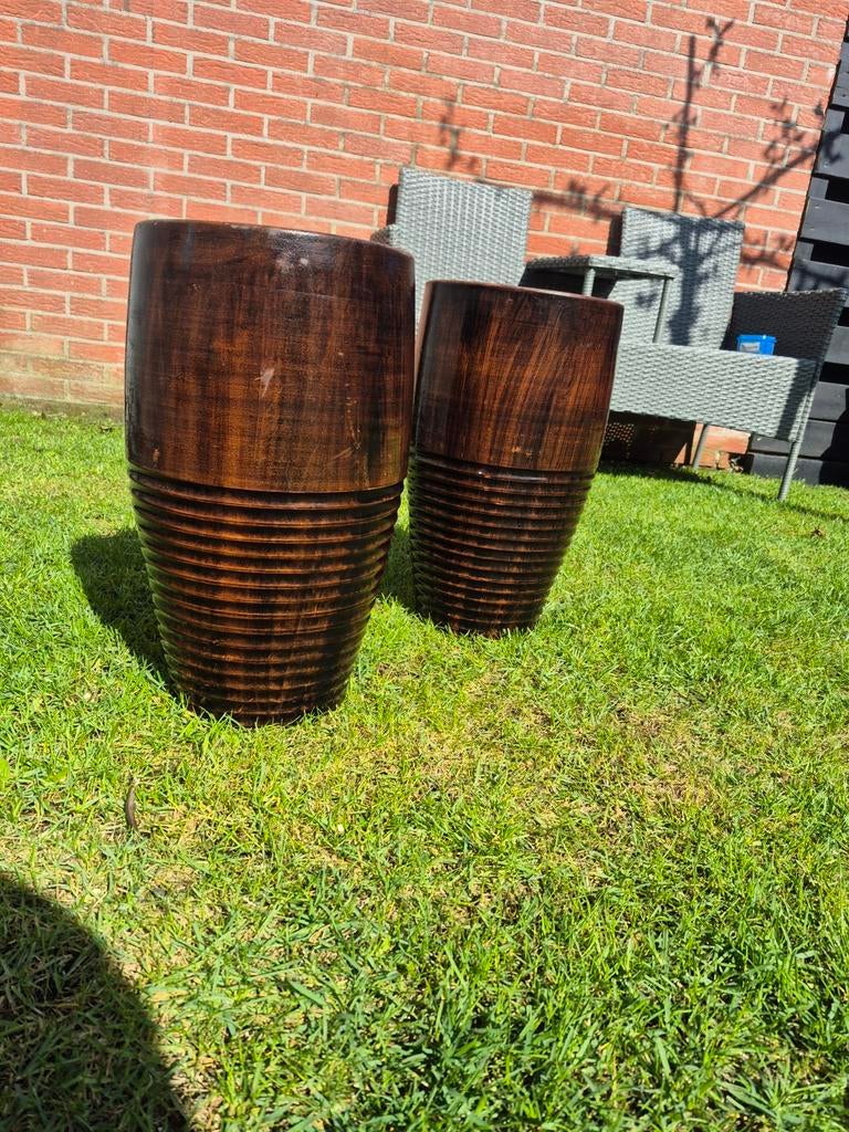 Set van 2 donkerbruine bloempotten, Tuin en Terras, Overige materialen, Gebruikt, Rond, Balkon
