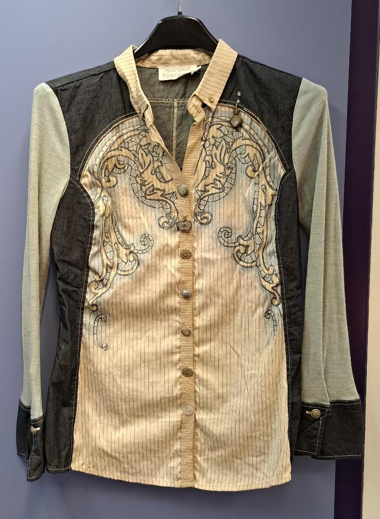 Elisa Cavaletti blouse printjes,knopen, denim, beige S 43689, Kleding | Dames, Blouses en Tunieken, Zo goed als nieuw, Maat 36 (S)