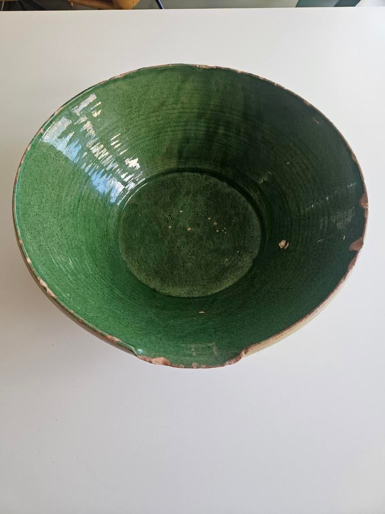 Antieke Franse Terracotta Tian Schaal - Groen Geglazuurd, Ophalen of Verzenden