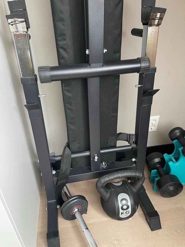 Drukbank met toebehoren, Sport en Fitness, Fitnessmaterialen, Ophalen of Verzenden, Zo goed als nieuw, Borst, Fitnessbank