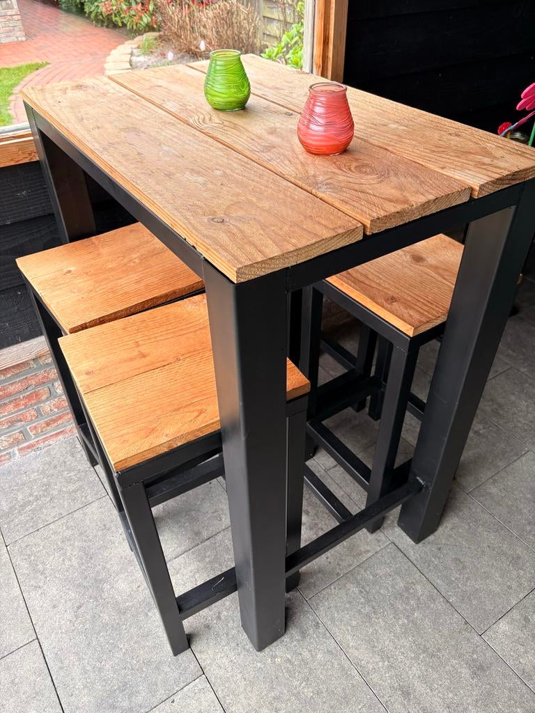 Statafel met vier bar krukken, extra zwaar model, Ophalen, Gebruikt