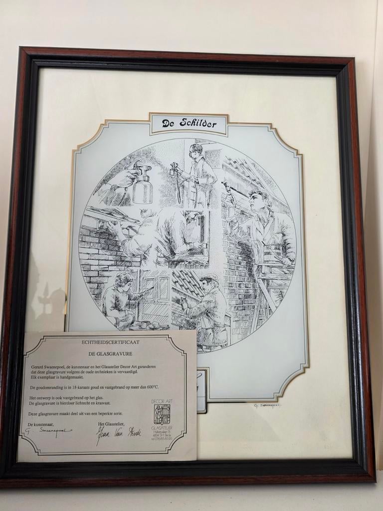 Glasgravure 'De Schilder' G. Swaenepoel, 18K goud., Ophalen