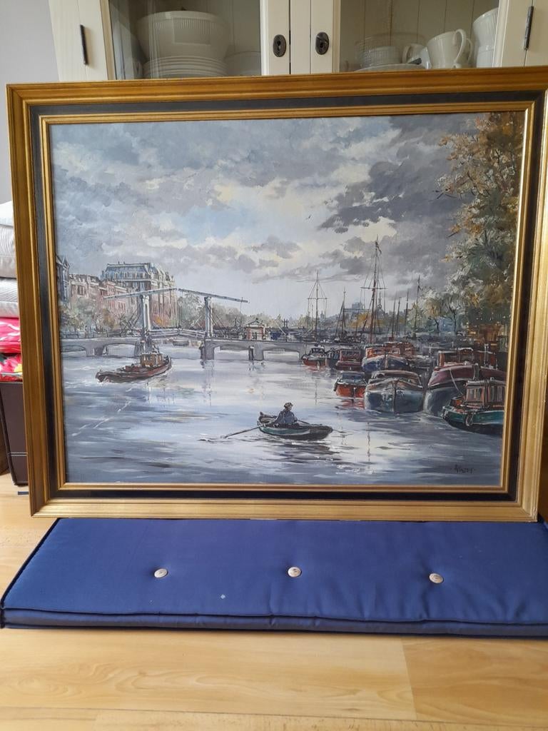 Olieverf schilderij Amsterdam gesigneerd 113 cmx93 cm, Ophalen