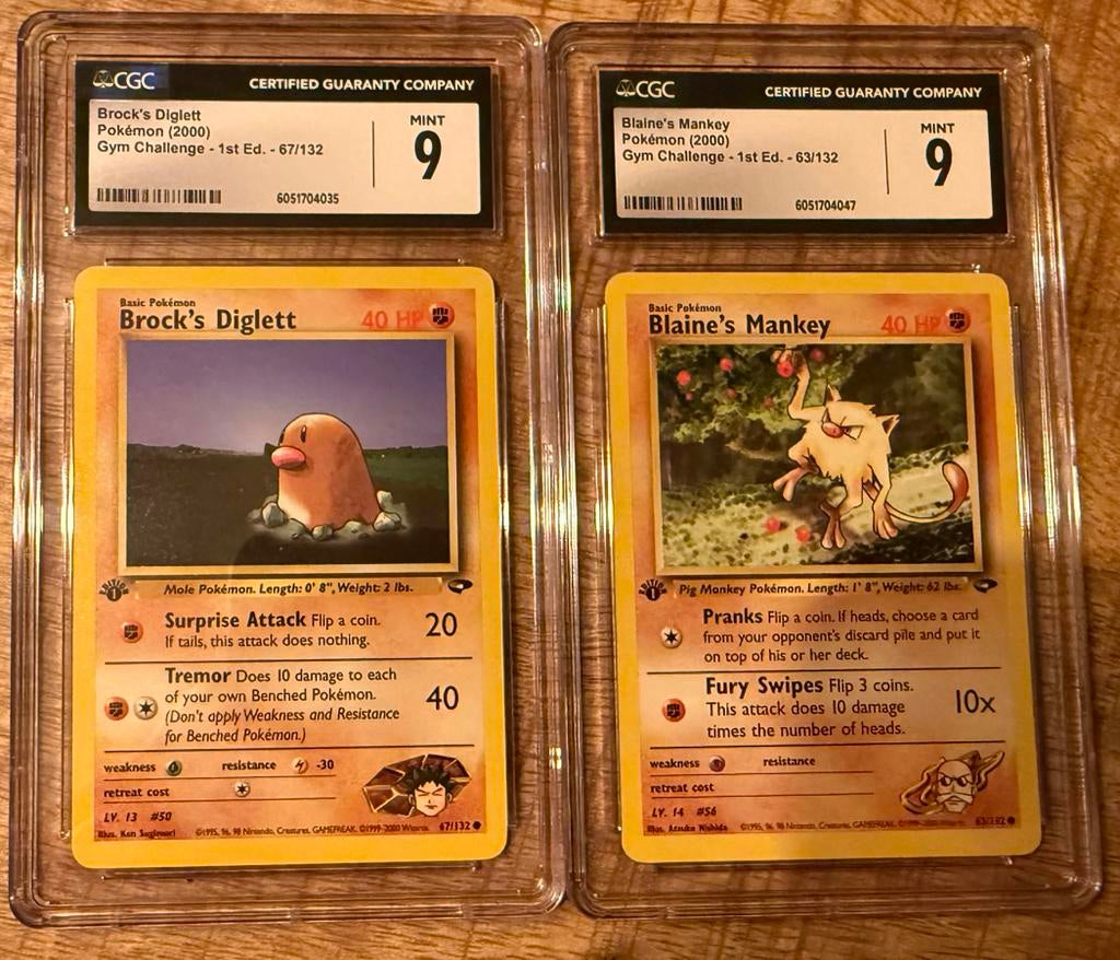 CGC 9 MINT  Blaine's Mankey & Brock's Diglett, Ophalen, Zo goed als nieuw, Meerdere kaarten