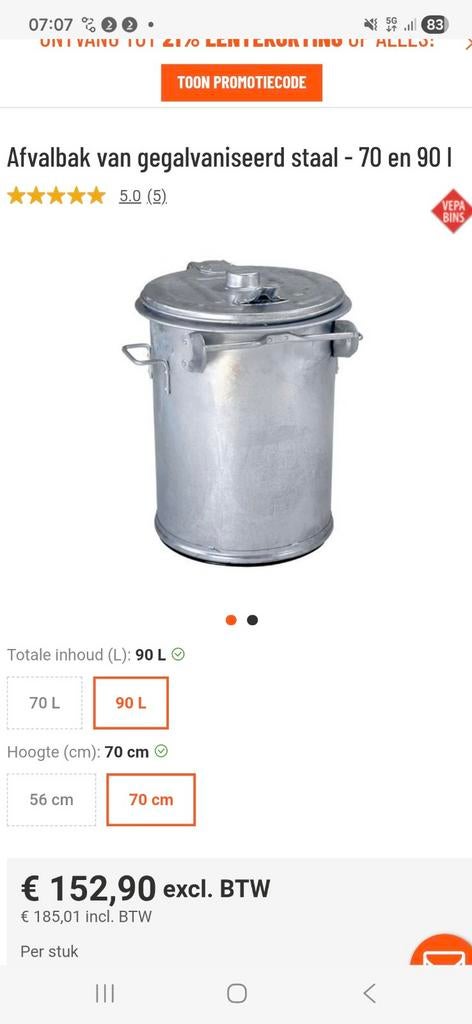 Gegalvaniseerde afvalbak 90L - Overtoom, Gebruikt, 40 liter of meer, Ophalen of Verzenden, Metaal