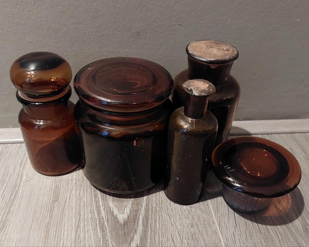 Set van 4 Apothekerspotten, vintage amber glas, Antiek en Kunst, Ophalen of Verzenden