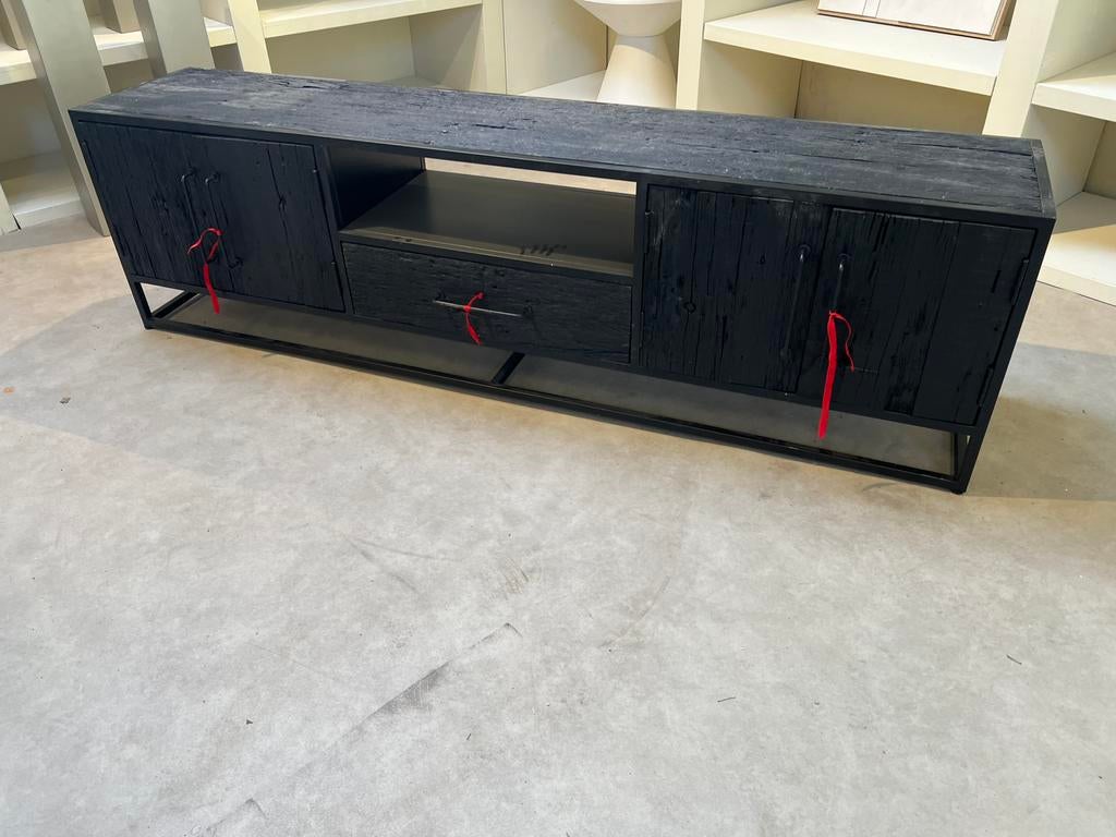 Industrieel Tv meubel zwart mangohout 200cm, Info@savoireinteriors.com, 150 tot 200 cm, Van haestrechtstraat 15d, Ophalen of Verzenden