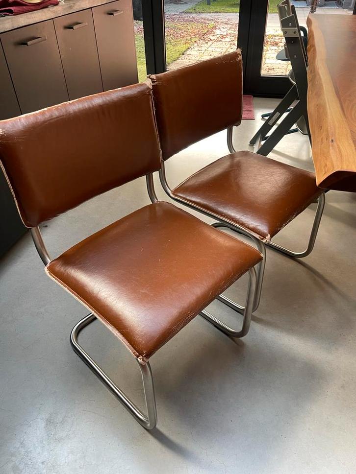 2 Bruine Leren Eetkamerstoelen, Huis en Inrichting, Stoelen, Gebruikt, Twee, Leer, Bruin, Ophalen