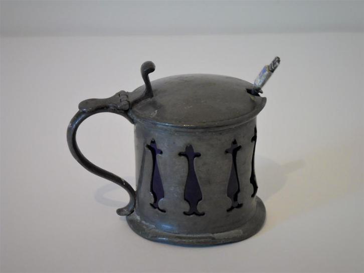 Antiek tinnen mosterdpot deksel pot duimrust blauw glas, Antiek en Kunst, Antiek | Tin, Ophalen of Verzenden